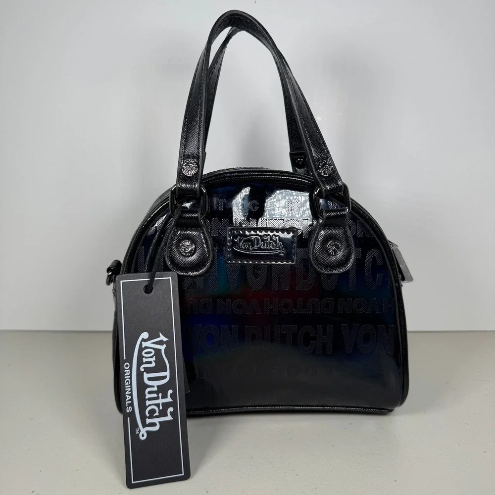 Von Dutch Mini Bowling Bag Black Onyx Reflective Holographic Y2K Satchel Handbag